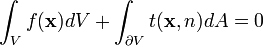  int_{V} f(mathbf{x}) dV + int_{partial V} t(mathbf{x},n) dA = 0 